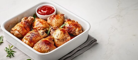 Poster - Baked chicken drumsticks in white dish with barbecue sauce on a marble countertop Copy Space