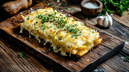 Poster - Melted cheese topped baked potatoes with herbs on rustic wooden board with garlic and salt in background Copy Space