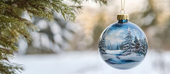 Aufkleber - Christmas ornament hanging on a snowy evergreen branch with a winter landscape design and soft bokeh background Copy Space