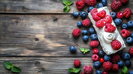 Poster - Fresh berries with raspberries and blueberries on a wooden table with whipped cream and mint leaves Copy Space