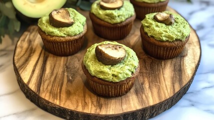 Poster - Baked cupcakes with green frosting topped with chocolate pieces on a wooden serving board Copy Space