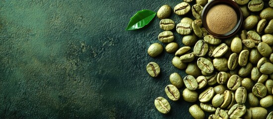 Poster - Green coffee beans with a single coffee fruit and a leaf on a textured background with copy space for text.