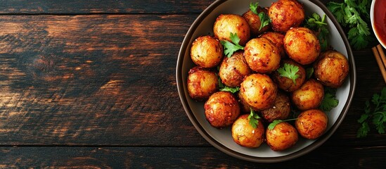 Poster - Fried potato balls garnished with fresh herbs on a wooden table with copy space for text.