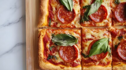 Aufkleber - Freshly baked pepperoni pizza with basil placed on a wooden cutting board Copy Space