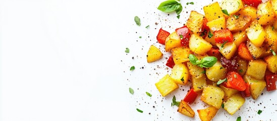 Poster - Colorful diced fruits and vegetables on a white background with Copy Space for text placement