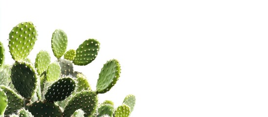 Fototapete - Cactus plant with thick green pads on left side with white background and copy space for text insertion