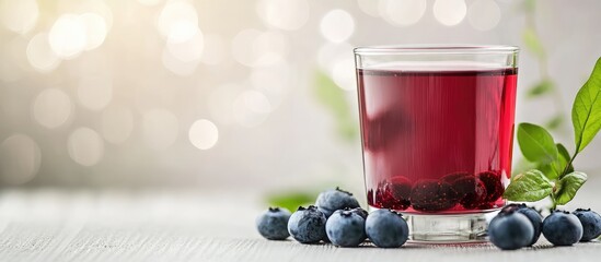 Poster - Fresh blueberry juice in a glass with fresh blueberries and green leaves on a light background with bokeh Copy Space