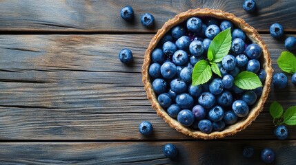 Poster - Fresh blueberries in a round wooden bowl with mint leaves on a rustic wooden table with copy space for text