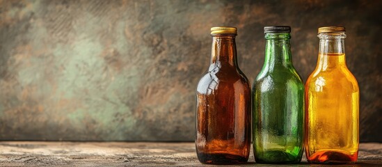 Aufkleber - Colorful glass bottles on wooden surface against textured background with copy space for text.