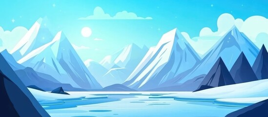 Aufkleber - Snowy Mountain Landscape with Lake and Clear Blue Sky in Vector Illustration Style, Copy Space Available