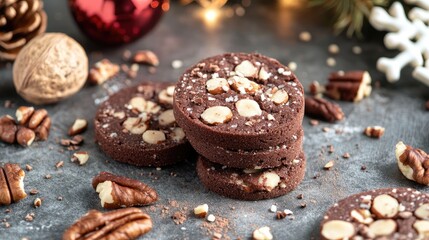 Poster - Chocolate cookies with nuts on a rustic stone surface decorated with holiday ornaments and pine branches Copy Space