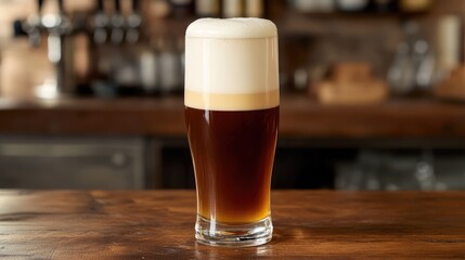 Poster - Glass of dark beer with creamy foam atop on a wooden bar counter Copy Space