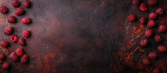 Aufkleber - Ripe red raspberries arranged on a dark stone surface with ample copy space for text placement