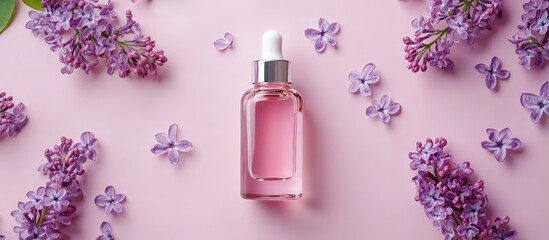 Poster - Glass dropper bottle with pink liquid surrounded by lilac flowers on a pink background with copy space