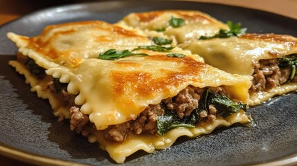 Poster - Delicious homemade lasagna with layers of pasta, meat, spinach, and cheese on a dark plate with herbs garnishing Copy Space