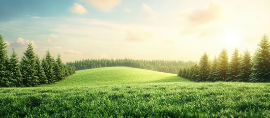 Poster - Green landscape with lush grass and evergreen trees under a bright sky during sunrise Copy Space
