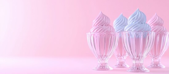 Poster - Pastel colored ice cream cones in transparent glass dishes on a pink background with Copy Space for text placement