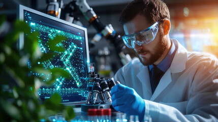Fototapete - researcher in lab, focused on programming nanobots, wearing protective gear and using microscope. background features advanced technology and digital displays