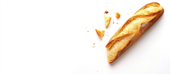 Poster - Baguette loaf with crumbs on white background Copy Space