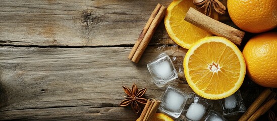 Poster - Fresh oranges with sliced citrus on rustic wood background surrounded by ice cubes and cinnamon sticks with Copy Space