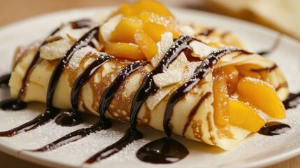 Aufkleber - Delicious crepe with caramelized peaches drizzled with chocolate sauce and sprinkled with powdered sugar on a white plate Copy Space