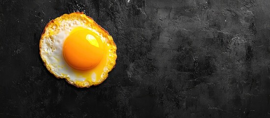 Poster - Fried egg with golden yolk on textured black background with copy space for text