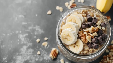 Poster - Oatmeal jar topped with banana slices, chocolate chips, nuts, and banana on a gray background with Copy Space