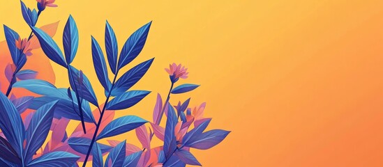 Poster - Colorful abstract background with vibrant foliage and floral elements against a warm orange backdrop featuring ample Copy Space.