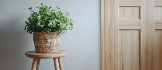 Aufkleber - Indoor potted plant on wooden stool against light gray wall and wooden door with copy space