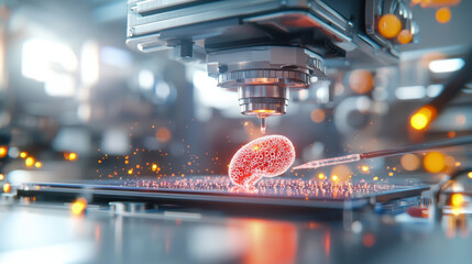 Aufkleber - realistic representation of 3D bioprinting in action, showcasing bioprinter creating cellular structure. scene highlights advanced technology and innovation in biotechnology