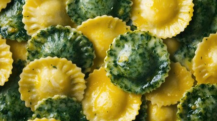 Poster - Colorful assortment of spinach and cheese ravioli pasta with a fresh green sauce in a close-up view, suitable for culinary presentations and menus, Copy Space.