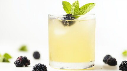 Aufkleber - Fresh cocktail with mint and blackberries in a glass on white background with copy space