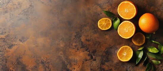 Poster - Fresh oranges and orange slices with green leaves on a rustic surface with Copy Space for text placement.