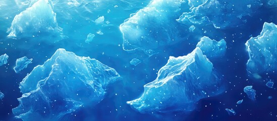 Aufkleber - Underwater scene featuring floating icebergs in vibrant blue water with bubbles and light reflections, Copy Space available.