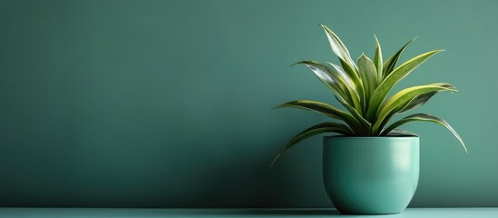 Poster - Indoor plant in a turquoise pot against a green wall with ample copy space for text placement