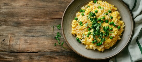 Poster - Creamy Risotto with Peas in Bowl on Rustic Wood Table with Copy Space for Text