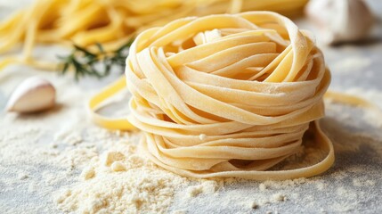 Poster - Dried fettuccine pasta nest on floury surface with garlic and herbs Copy Space