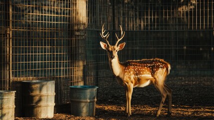 Poster - Fallow deer standing in an enclosure with soft sunlight highlighting its spotted coat and antlers surrounded by metal barrels Copy Space