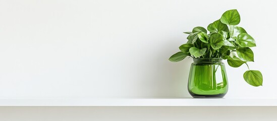 Poster - Potted green plant on a minimalistic white shelf with ample copy space for text insertion.