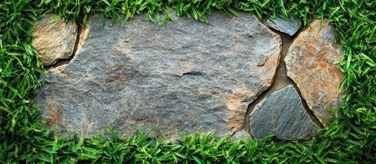 Poster - Natural stone texture framed by fresh green grass with ample copy space for text or graphics.