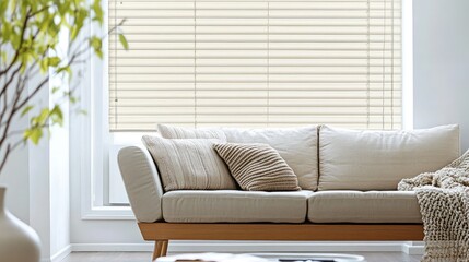 Poster - Modern living room interior with beige sofa, decorative pillows, and window blinds, showcasing cozy atmosphere and Copy Space.