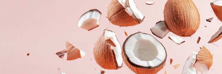 Poster - Creative composition with whole and broken coconuts levitating on a pastel pink background, showcasing the tropical fruit in a dynamic and visually appealing way