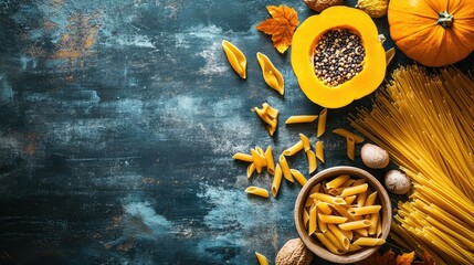 Poster - Pasta ingredients with butternut squash and autumn leaves on textured blue background with copy space for text