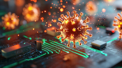 Aufkleber - digital representation of virus interacting with circuit board, showcasing fusion of biology and technology. This highlights impact of nanotechnology in health