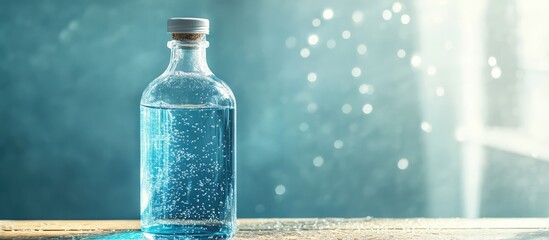 Poster - Glass bottle filled with clear sparkling water on wooden surface with blue background and light reflections Copy Space