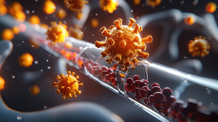 Fototapete - detailed illustration of nanotechnology aiding in advanced medical applications, showcasing virus particles interacting with blood cells in futuristic environment