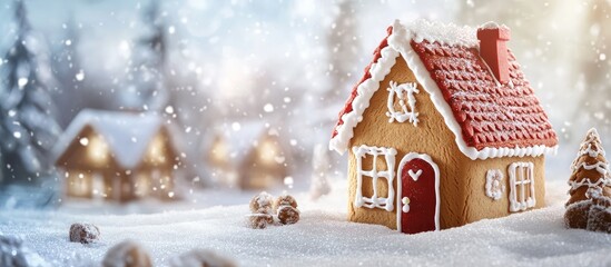 Poster - Gingerbread house in a winter landscape with falling snow and a soft blurred background featuring cozy cottages Copy Space