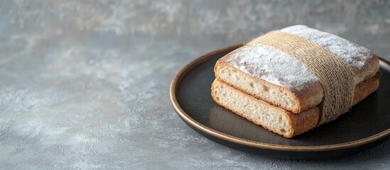 Poster - Homemade rustic bread loaf wrapped in linen string on a dark ceramic plate with gray textured background Copy Space