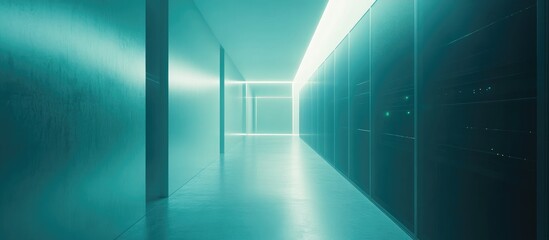 Poster - Futuristic corridor with glowing teal lights and sleek walls Copy Space