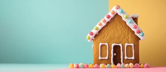 Poster - Gingerbread house decoration on pastel colored background with copy space for text